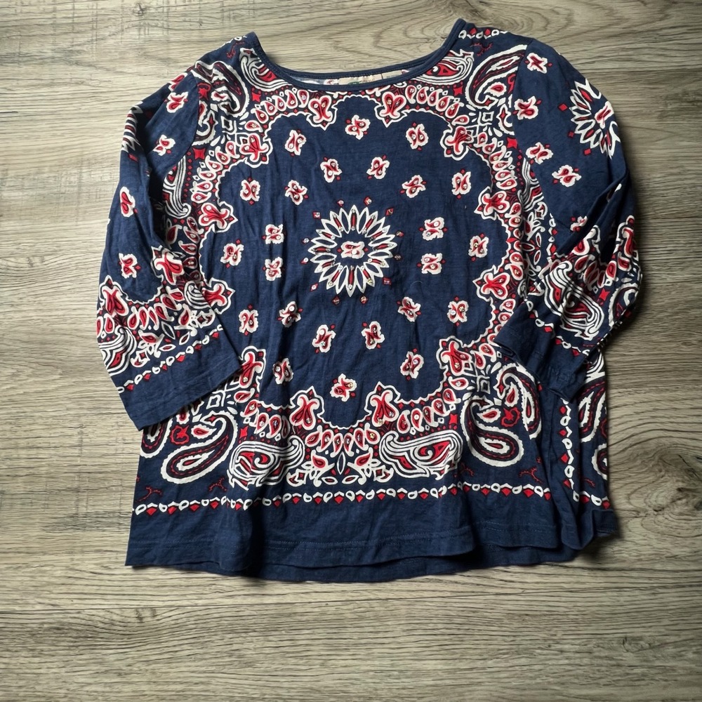 Collections Etc Bandana Top Womens Medium Blue Red Paisley Rhinestone 3/4 Sleeve